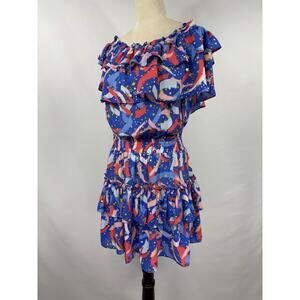 Buddy Love Off Shoulder Dress Blue Red Firework Print Large Ruffled